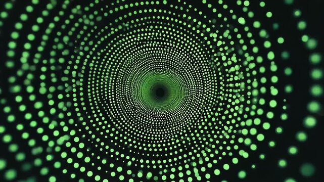 Abstract green digital illustration featuring a binary code tunnel pattern with futuristic light and motion