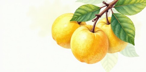 Watercolor quince, ripe yellow fruit on branch Isolated , fresh, drawing