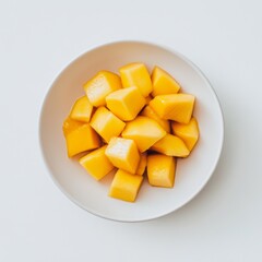 Diced mangoes in bowl, white background, overhead shot, food photography