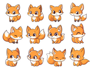 Fototapeta premium Foxes cartoon kawaii set. Tiny fox different emotions and poses. Isolated red wild forest animals. Childish mascots, vector funny characters