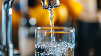Clear drinking glass being filled with sparkling water from a modern sleek faucet in a cozy kitchen