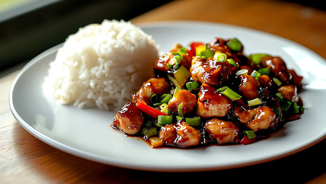Appetizing serving of chicken teriyaki on a white plate accompanied by rice and chopped greens