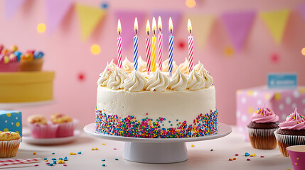 An alluring birthday cake adorned with bright candles surrounded by festive decorations in pastel colors
