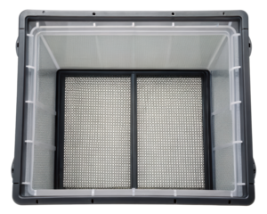 Transparent storage bin with a mesh bottom for easy organization on a transparent background