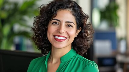 Smiling young woman with curly hair in green top radiates positivity while working in a vibrant office environment