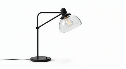 Minimalist Black Desk Lamp with Clear Glass Shade on White.