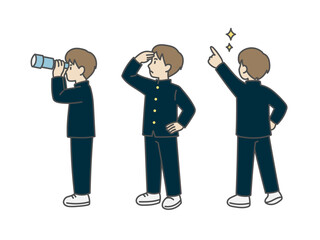 探索ポーズの男子学生セット