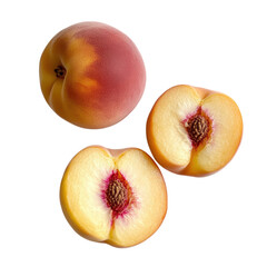 Fresh peaches and sliced fruit preparation kitchen table food photography bright environment