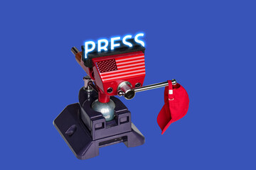 “PRESS” gripped in a carpenter’s vice with US flag and red cap