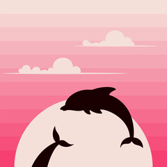 Naklejka premium dolphins silhouette on sunset