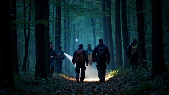 Silhouettes of police in the forest, search for missing persons in the forest, police and volunteers with flashlights in the forest