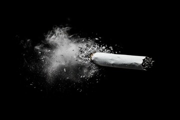 Dramatic Explosion of a Cigarette Against a Dark Background with Smoke and Dust Effects