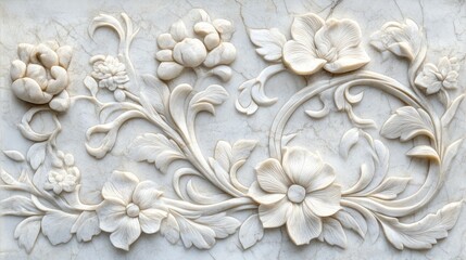Ornate floral bas-relief carving on light beige marble