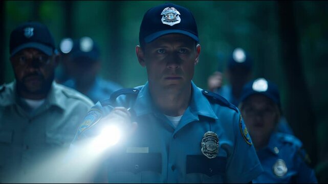 Police and volunteers in the forest, missing person, flashlights and beams of light, close-up