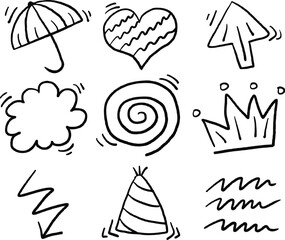 Doodle umbrella heart arrow cloud king hat sketch
