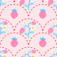 Seamless pattern featuring wild strawberries, flowers, and stitched lines. Perfect for textile prints, wrapping paper, and kawaii-style products. Minimal and charming look