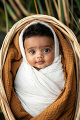 A baby wrapped in a blanket in a basket