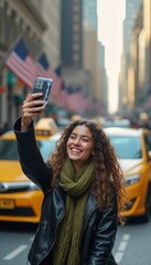 Fototapeta premium A cheerful young woman with curly hair smiles brightly as she captures a selfie amidst a vibrant city backdrop filled with yellow taxis and American flags. Her stylish black leather jacket and cozy