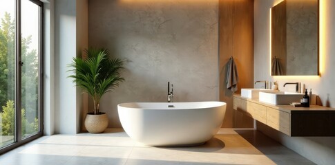 Fototapeta premium Large soaking tub, freestanding, backlit mirror, natural light, relaxing, elegant, tranquil