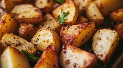 Crispy roasted potatoes seasoned with herbs and served in a rustic dish for a flavorful side dish
