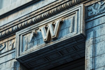 The letter W is carved into the stone of a building