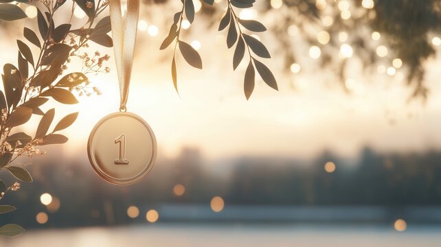 Gold medal with number one hanging from a red and blue ribbon on a light blue background with confetti, celebrating a victory