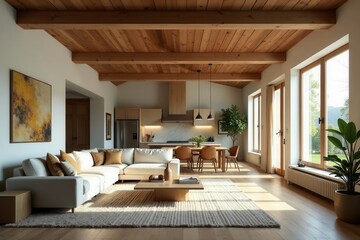Open plan living area showcasing exposed beams and wiring , industrial, style, modern