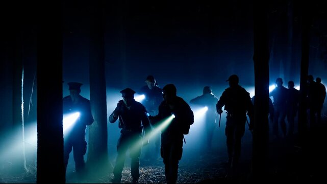 Search for missing persons in the forest, police and volunteers with flashlights in the forest, rays of light, general plan