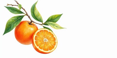 Vibrant orange watercolor painting Branch with whole & sliced fruit Clean white backdrop , peel, citrus