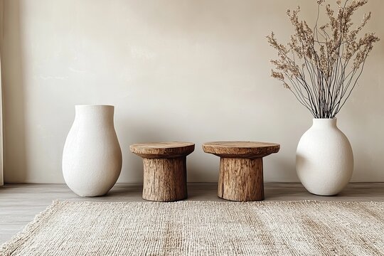 vase with flowers on the table, A minimalist setting and white vases, set against an abstract beige wall with a textured pattern