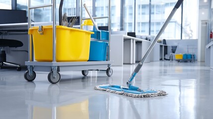 Closeup of mop cleaning epoxy office floor Cleaning cart and tools visible in workplace