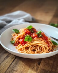 A plate of spaghetti with tomato sauce and basil leaves, photographed from the front on a wooden
