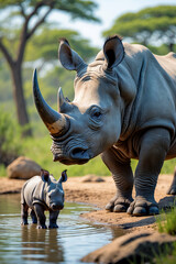 Fototapeta premium rhino with little cub in the wild