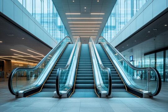 Interior two escalators in modern office building large business conference center - Powered by Adobe