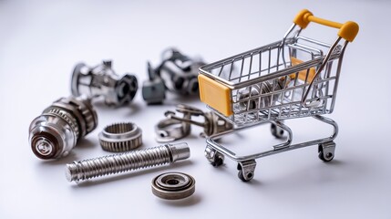 Shopping cart with new car parts on white Spare parts and online transport service concept