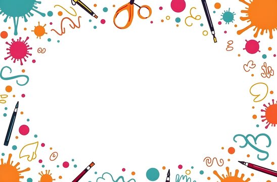 Playful art background with doodle elements, splashes of paint, question marks, and pencils around the edge forming a fun and colorful creative frame