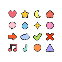 Hand drawn cute colorful doodles collection. Heart, star, moon, raindrop, cloud, arrow, geometric shapes, tick and cross mark. Outlined decorative vector design isolated illustration.