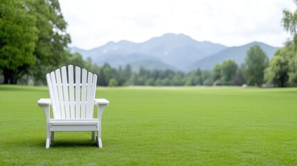 Tranquil white Adirondack chair on a lush green lawn, with a distant mountain backdrop