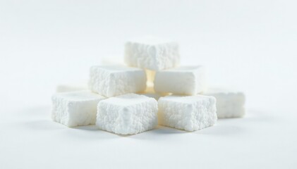 Lumps of white sugar against bright white backdrop, high-key, refined