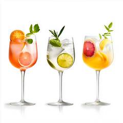 A colorful trio of refreshing cocktails garnished with fruit and herbs, perfect for summer gatherings.