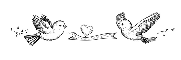 romantic birds with heart and ribbon – love themed decorative ink sketch