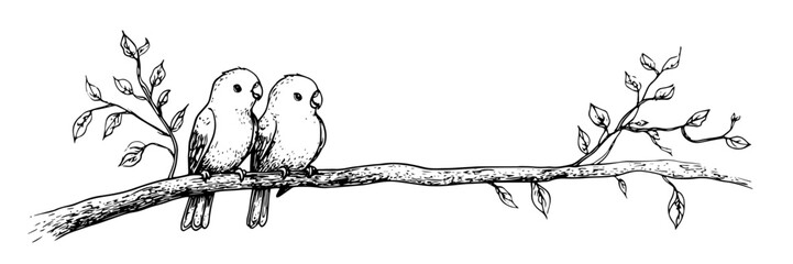 two lovebirds on a branch – romantic line art illustration with nature elements