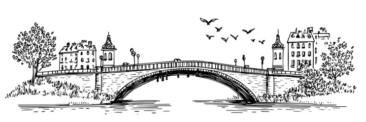 Obraz premium stone bridge with buildings trees and birds over river doodle sketch vector