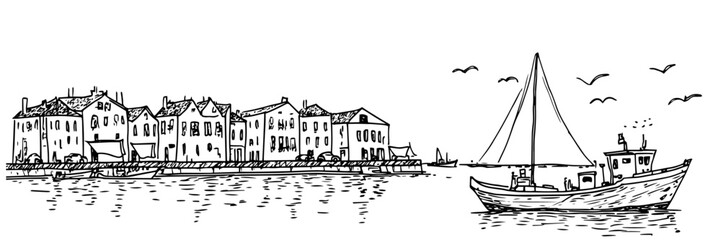 fishing boat near coastal town – mediterranean seaside sketch illustration