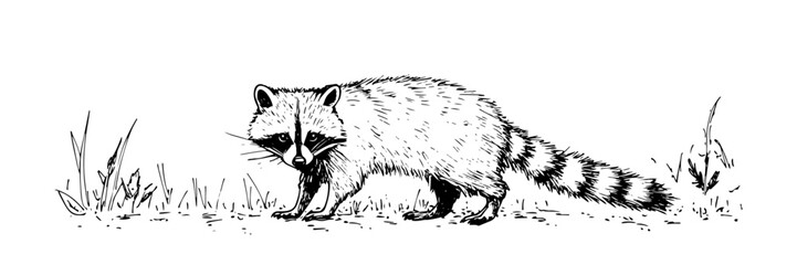 curious raccoon exploring grass – wildlife animal sketch in vintage ink style