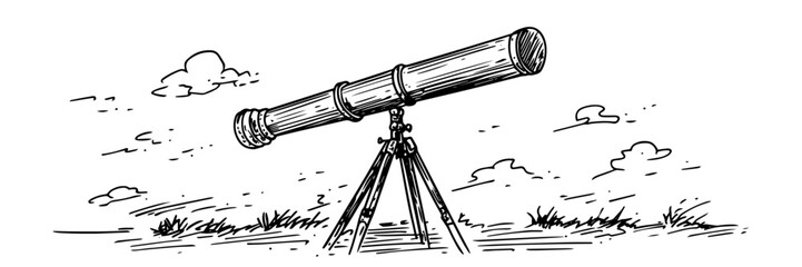 vintage telescope on tripod aimed at sky – stargazing scene in line art style © Kaz