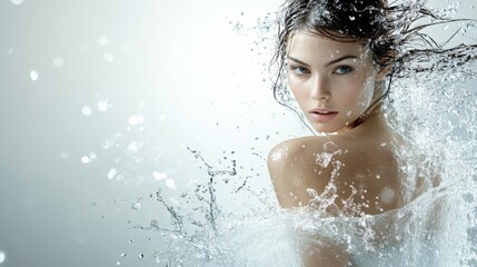 Obraz premium Woman in water splashing, captured with soft lighting in a tranquil, artistic setting during a creative photography session