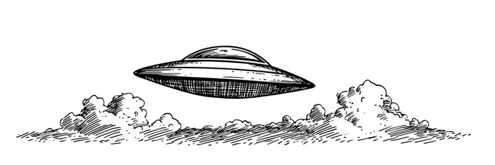 ufo flying above clouds hand drawn vector illustration in black and white © Kaz
