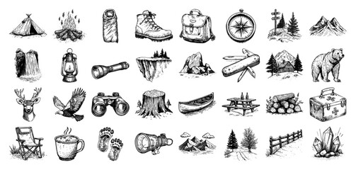 Naklejka premium camping and outdoor icons including tent, boots, compass, bear, lantern, canoe, and backpack vector doodle style