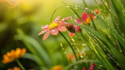 Morning dew glistens on vibrant flowers in a lush garden at sunrise